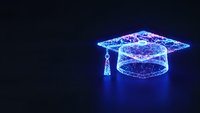 Digital graduation cap with glowing blue wireframe design on dark background representing online education and academic achievement in technology.