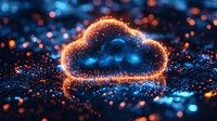 Glowing cloud shape with orange and blue particles on dark background creates magical atmosphere. Digital technology concept for cloud computing and data storage.