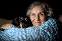 Senior Caucasian woman cuddling with small black and tan dachshund puppy on blue blanket. Heartwarming pet companionship and elderly care concept.
