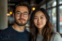 Happy young mixed couple smiling together in modern cafe setting with warm lighting and casual sweaters for lifestyle photography.
