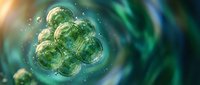 Microscopic green algae cells cluster glowing under light, revealing intricate cellular structures in a swirling teal aquatic environment.