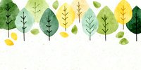 Watercolor forest illustration with stylized green and yellow trees in a row, creating a minimalist nature border on textured background.