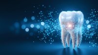 Glowing tooth with digital particles on blue background for dental care and oral health concepts in modern healthcare technology applications.