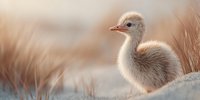 Adorable fluffy baby bird chick with soft downy feathers sitting on ground among tall grass in natural outdoor setting with warm golden lighting.