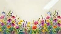 Watercolor wildflower meadow border with colorful blooms and green stems on cream background for spring and summer botanical designs.