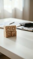 Wooden blocks with financial icons including piggy bank, shield, heart and growth chart on office desk for insurance and investment planning concepts.