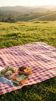 Red checkered picnic blanket with fresh food spread on sunny hillside meadow during golden hour sunset for outdoor dining and leisure activities.