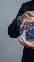 Businessman in dark suit holding glowing digital globe with circuit board network connections and data visualization, representing global technology, innovation, and digital transformation for business solutions.