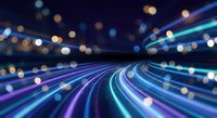 Abstract digital highway with glowing neon light trails in blue and purple colors creating dynamic motion blur effect against dark background with bokeh lights.