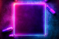 Glowing neon square frame with gradient from pink to blue on dark textured background with floating capsule pills, creating modern cyberpunk atmosphere.