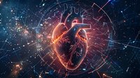 Anatomical heart glowing in cosmic space surrounded by constellation lines and stars, medical science concept with futuristic geometric elements.