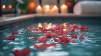 Red rose petals floating on tranquil spa pool water with glowing candles creating romantic ambiance, wellness and relaxation atmosphere for spa treatments and romance.