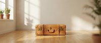Vintage leather suitcase on wooden floor in sunlit minimalist room with plants, evoking travel, nostalgia, and adventure themes.