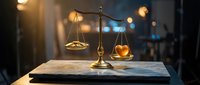 Golden scales of justice with heart symbol on marble surface in warm courtroom lighting representing legal ethics and compassionate law practice.