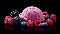 Pink berry ice cream scoop surrounded by fresh raspberries, blackberries and blueberries on dark background, dramatic food photography for menu design.