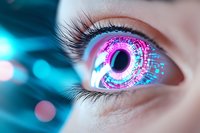 Futuristic close up of human eye with digital technology pattern, glowing pink and blue cyber circles, representing artificial intelligence and biometric scanning.