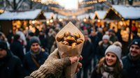 Roasted chestnuts in paper cone held at festive winter market with warm lights and crowd enjoying holiday atmosphere in background.
