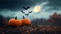 Spooky Halloween scene with orange pumpkins on dark ground, flying bats silhouettes against full moon and dramatic cloudy night sky, fallen autumn leaves.