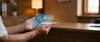 Senior man using transparent futuristic holographic tablet device with digital interface in modern home interior for technology and innovation concepts.