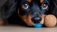 Close-up portrait of dachshund puppy with bright blue eyes looking at camera with toys. Black and tan dog resting head showing innocent expression.