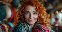 Young woman with bright red curly hair and blue eyes smiling while holding colorful yarn balls in craft store, close up portrait with soft bokeh background.