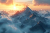 Majestic mountain peaks rising above misty clouds at sunrise, dramatic golden light illuminating snow-capped summits against ethereal foggy valleys in wilderness landscape.