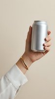 Female hand holding blank aluminum can with gold bracelet against neutral beige background for beverage branding and packaging design mockup.