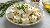 Fresh cubed feta cheese seasoned with herbs, rosemary sprigs and olive oil on white plate, mediterranean appetizer for healthy eating and cooking.