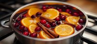 Mulled wine with orange slices and cranberries simmering in pot on stove. Warm spiced holiday drink with cinnamon sticks for festive winter celebrations.