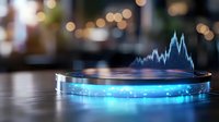 Futuristic holographic stock market chart projection on glowing blue platform with bokeh city lights background for financial technology presentations.