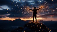 Silhouette of person standing with arms outstretched on mountain peak at sunset, surrounded by magical glowing particles and sparks against dramatic sky.