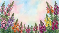 Colorful wildflower meadow border with lupines and mixed blooms on watercolor background for spring garden designs and botanical decorations.