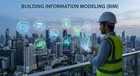 Building Information Modeling BIM concept with male engineer in safety vest using tablet, digital icons overlay on city skyline background.