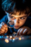Curious young boy examining golden coins through magnifying glass against dark background with dramatic lighting and bokeh effects. For finance education concepts.