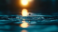 Water drop splash creating concentric ripples on turquoise surface with golden bokeh lights reflecting in background, captured in macro photography with freeze motion technique.