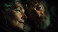 Elderly woman with weathered face and gray hair in contemplative moment with blurred male figure in background creating intimate emotional portrait.
