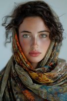 Young woman with natural freckles and curly dark hair wearing colorful paisley pattern headscarf, looking directly at camera with intense green eyes against light background.