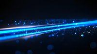 Glowing blue light streak with bokeh particles floating in dark space, creating dynamic motion effect for technology and digital backgrounds.