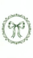 Watercolor sage green bow inside ornate floral round frame, isolated on white background, ready for stationery, prints, and design use.