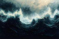 Dramatic stormy seascape with towering dark waves and moody atmosphere, illuminated by breaking light through turbulent clouds creating ethereal glow on ocean surface.