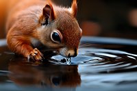 Red squirrel drinking water from pond surface creating ripples, close-up view shows detailed fur texture and reflection in dark water. Wildlife photography.