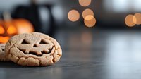 Spooky jack-o-lantern face carved into chocolate chip cookie on wooden surface with warm bokeh lights creating festive autumn atmosphere for seasonal baking.