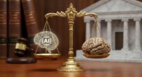 Golden scales of justice balancing AI circuit brain and human brain in courtroom setting with law books and courthouse background for legal technology concepts.