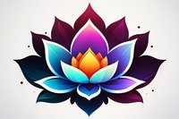 Vibrant lotus flower in gradient colors from deep purple to turquoise and orange center, stylized oriental design on light background. Spiritual symbol for meditation.