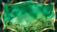 Emerald watercolor wash with ornamental gold leaf border and botanical flourishes, suitable for luxury packaging, invitations, and decorative design projects.