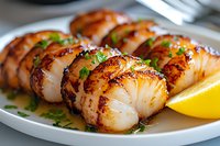 Grilled scallops with caramelized crust garnished with fresh herbs and lemon slice on white plate, close up view in natural light. Gourmet seafood dish.