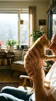 Caucasian woman holding ginger tabby cat indoors near sunny window with potted flowers, books, and cozy home interior decor for pet companionship and lifestyle themes.