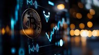 Bitcoin cryptocurrency coin with financial trading charts and glowing bokeh lights representing digital investment and market analysis technology.