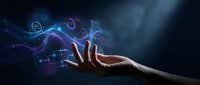 Human hand reaching toward glowing digital data stream with floating icons and blue purple light effects on dark background for technology concepts.