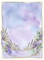 Watercolor lavender and eucalyptus frame with soft purple and blue washes, gold border, isolated on white background for invitations, greeting cards, and design projects.